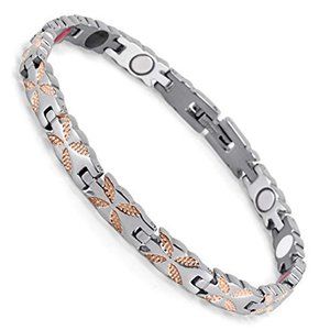 8" inch Womens Magnetic Stainless Steel Bracelet. Silver Rose Gold Flower Design